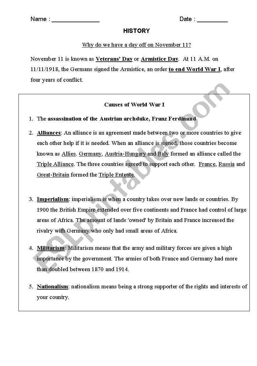 World War I worksheet