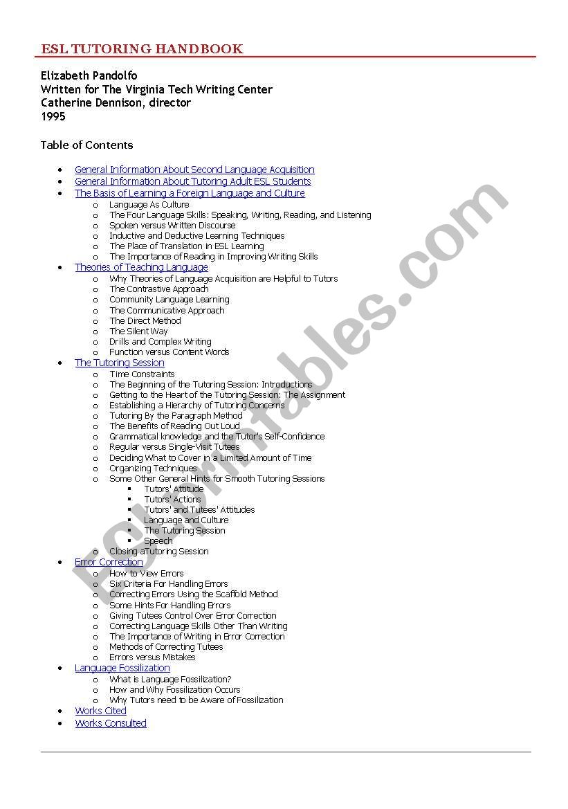 ESL Tutoring Handbook worksheet
