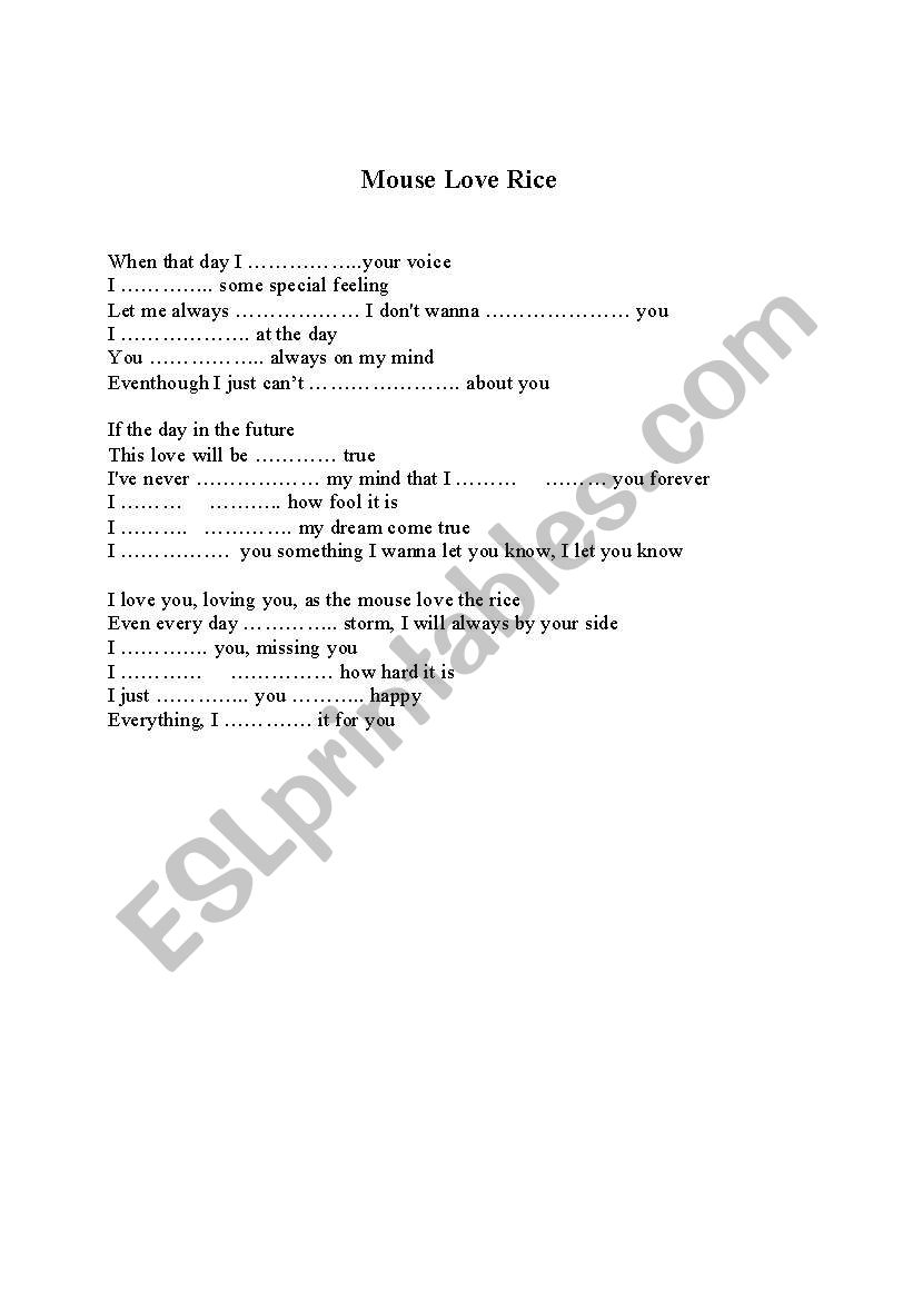 song: Mouse love rice worksheet