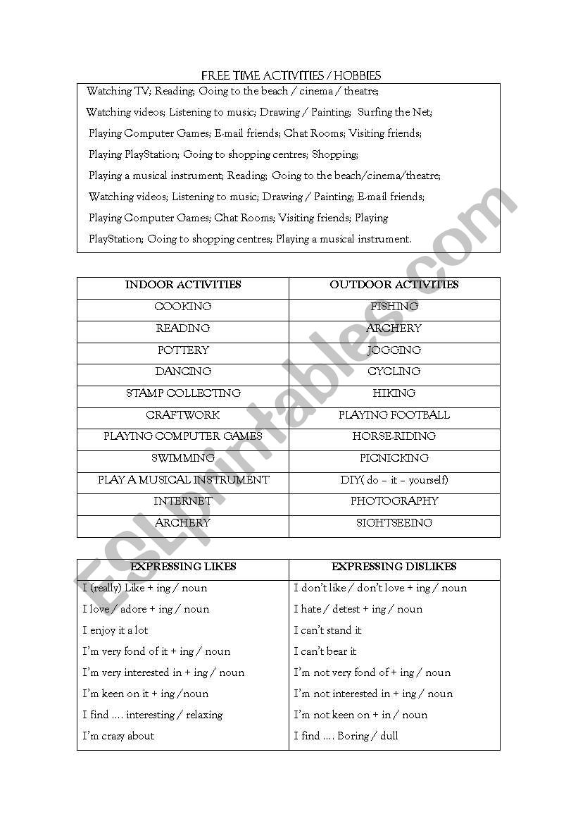 Free time activities worksheet