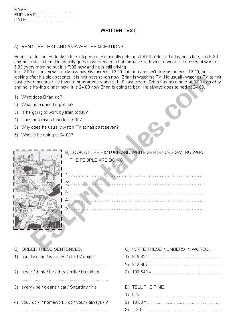 written test worksheet