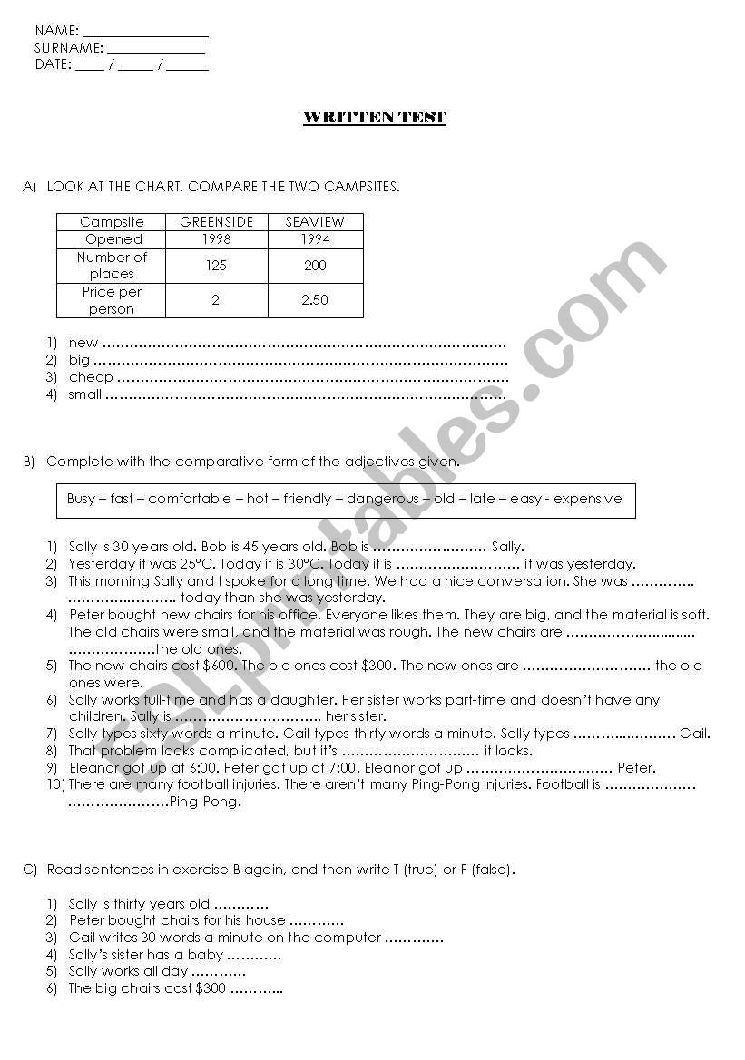 written test worksheet