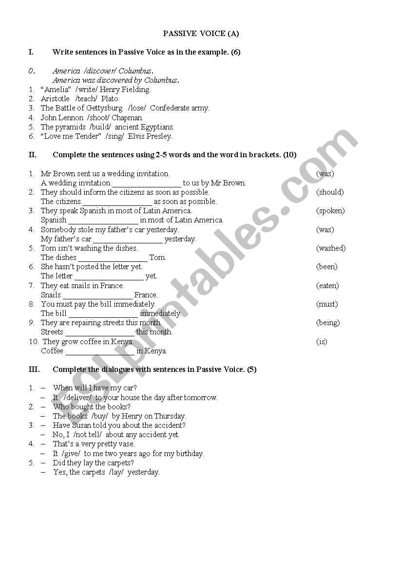 Passive Voice written test worksheet