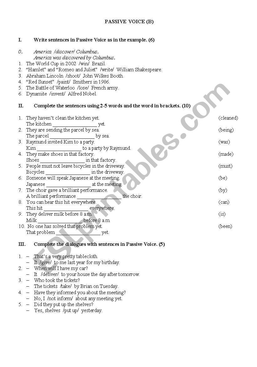 Passive Voice written test worksheet