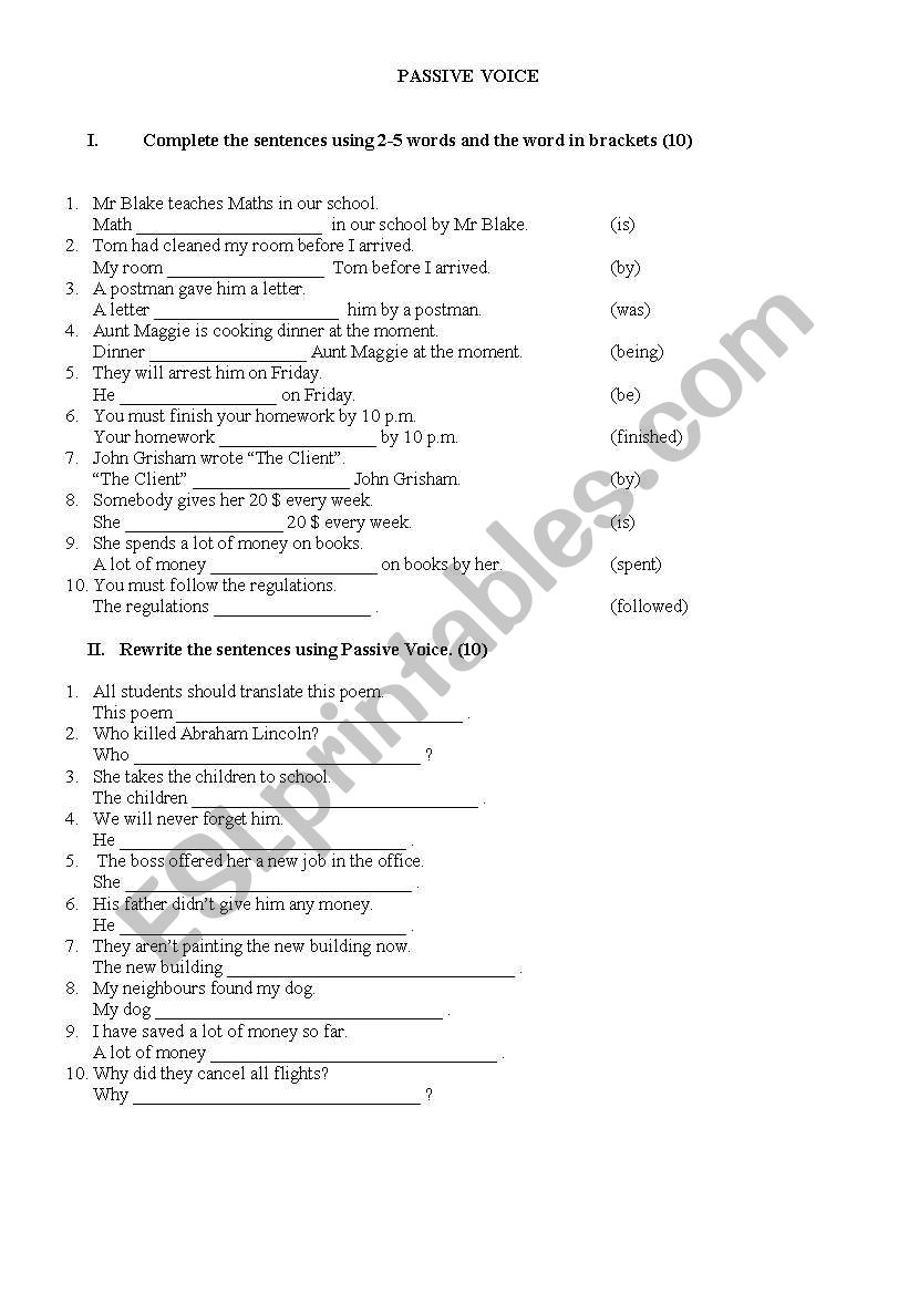 Passive Voice written test worksheet