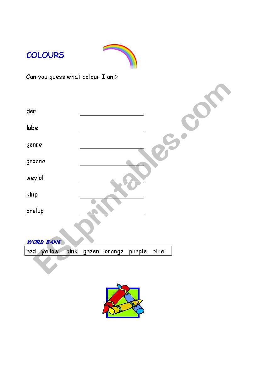 COLOURS WORD SCRAMBLE worksheet