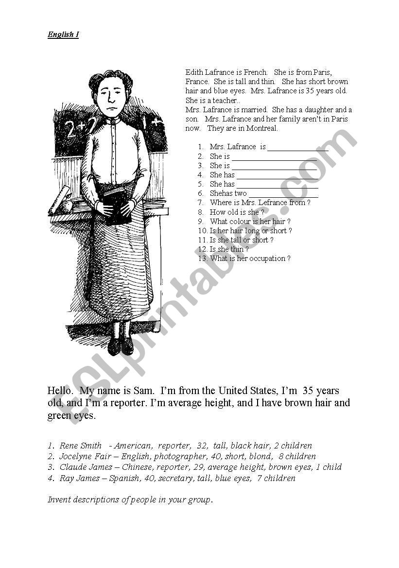 Verb to be and description worksheet