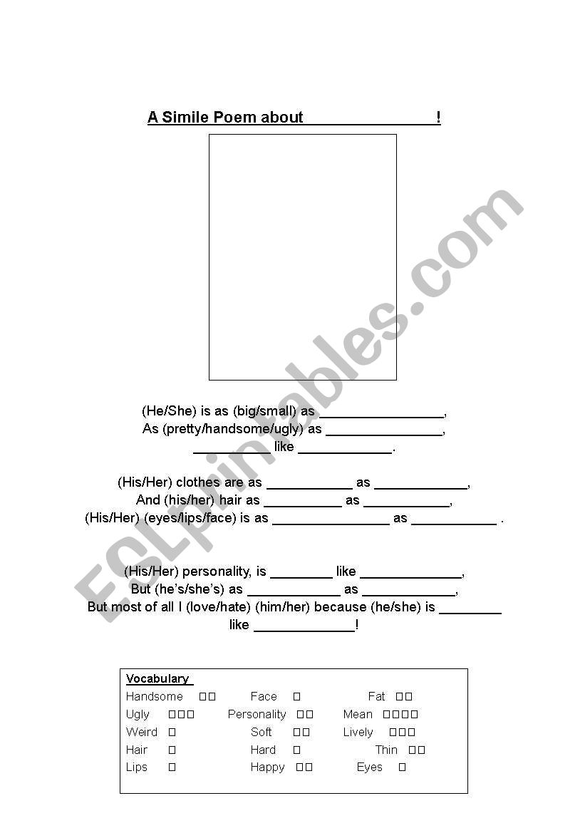 Simile Poem worksheet