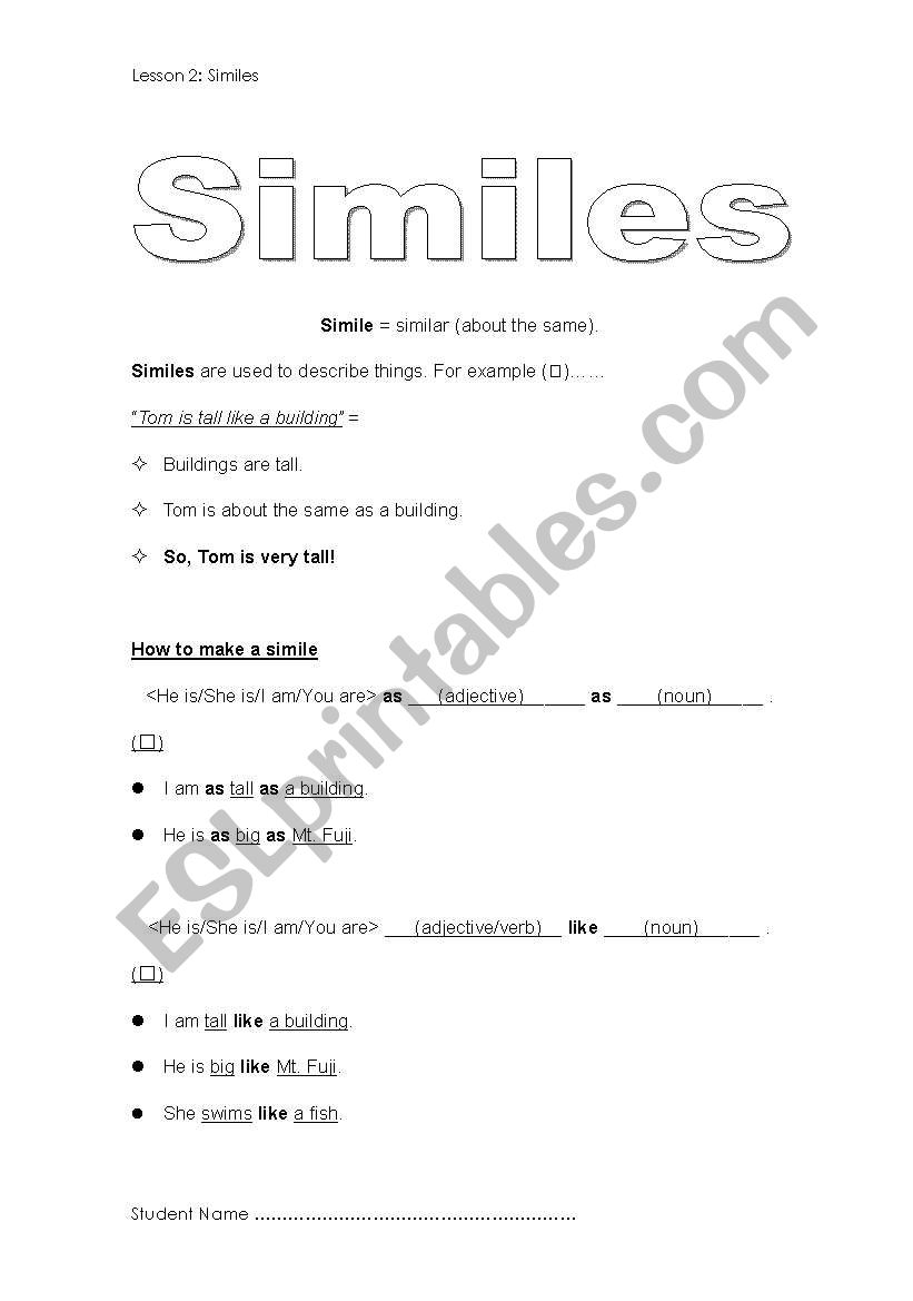 Similes - A guide worksheet