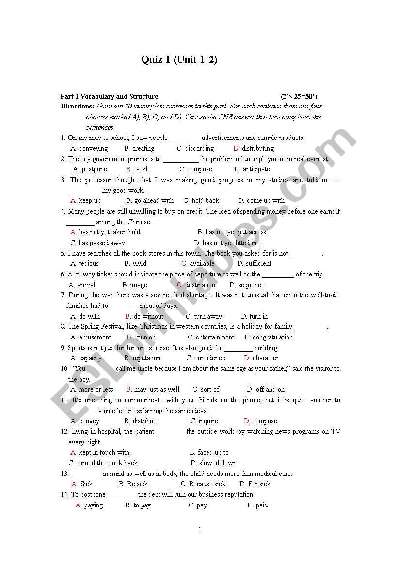 test for vocabulary and reading