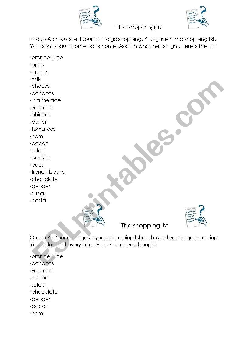 The shopping list worksheet