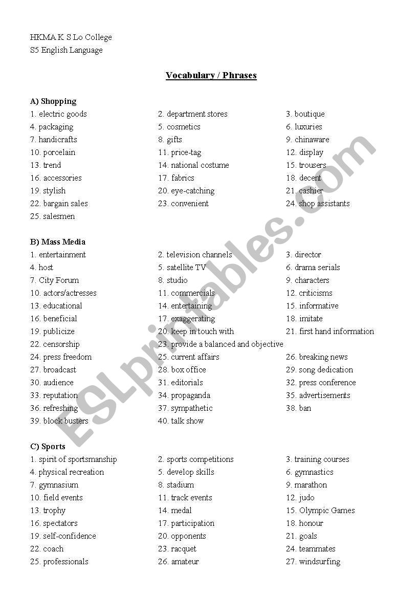 Thematic Vocabulary worksheet