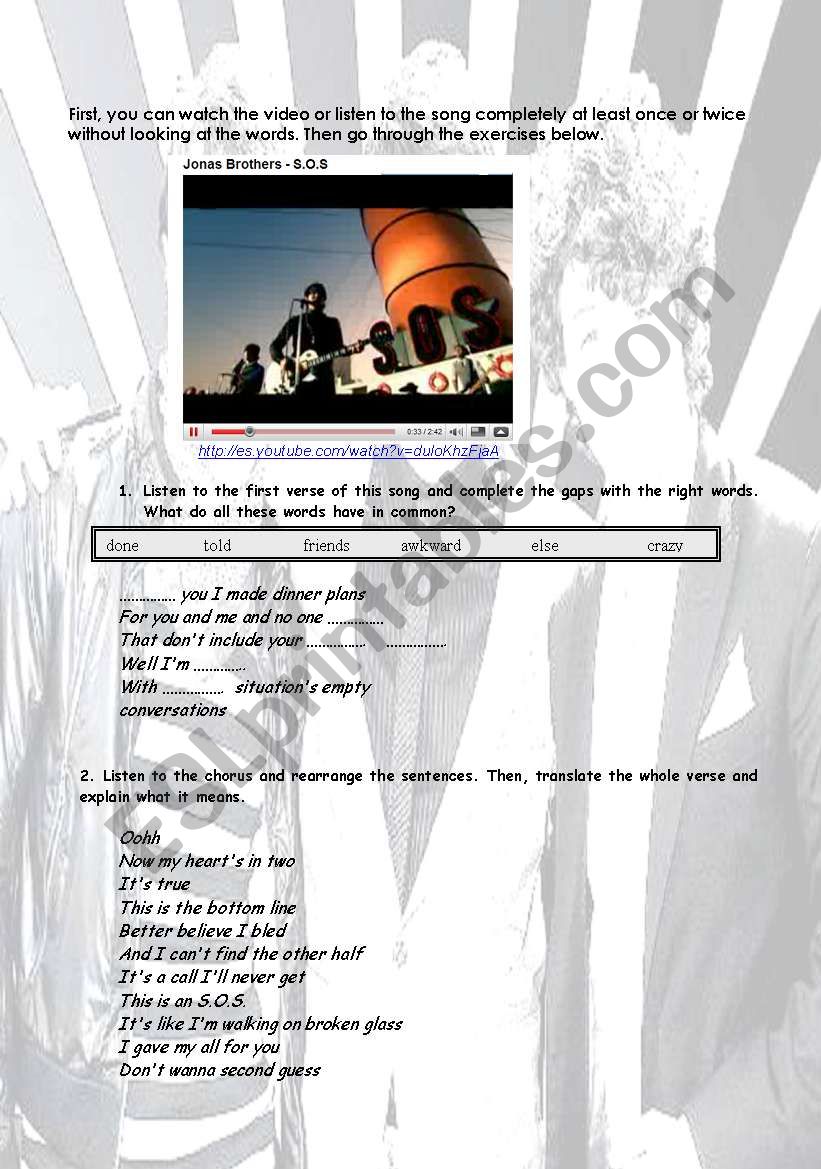 JONAS BROTHERS_S.O.S. worksheet