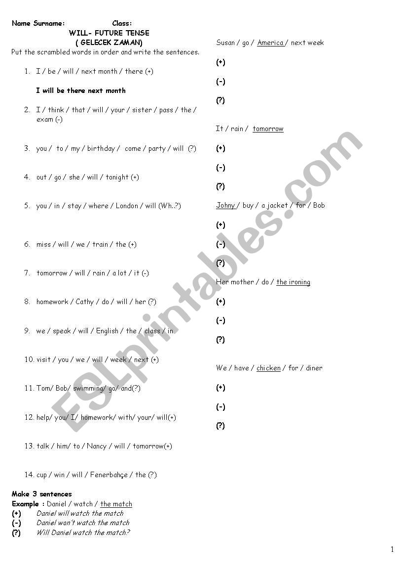 Future Tense will worksheet