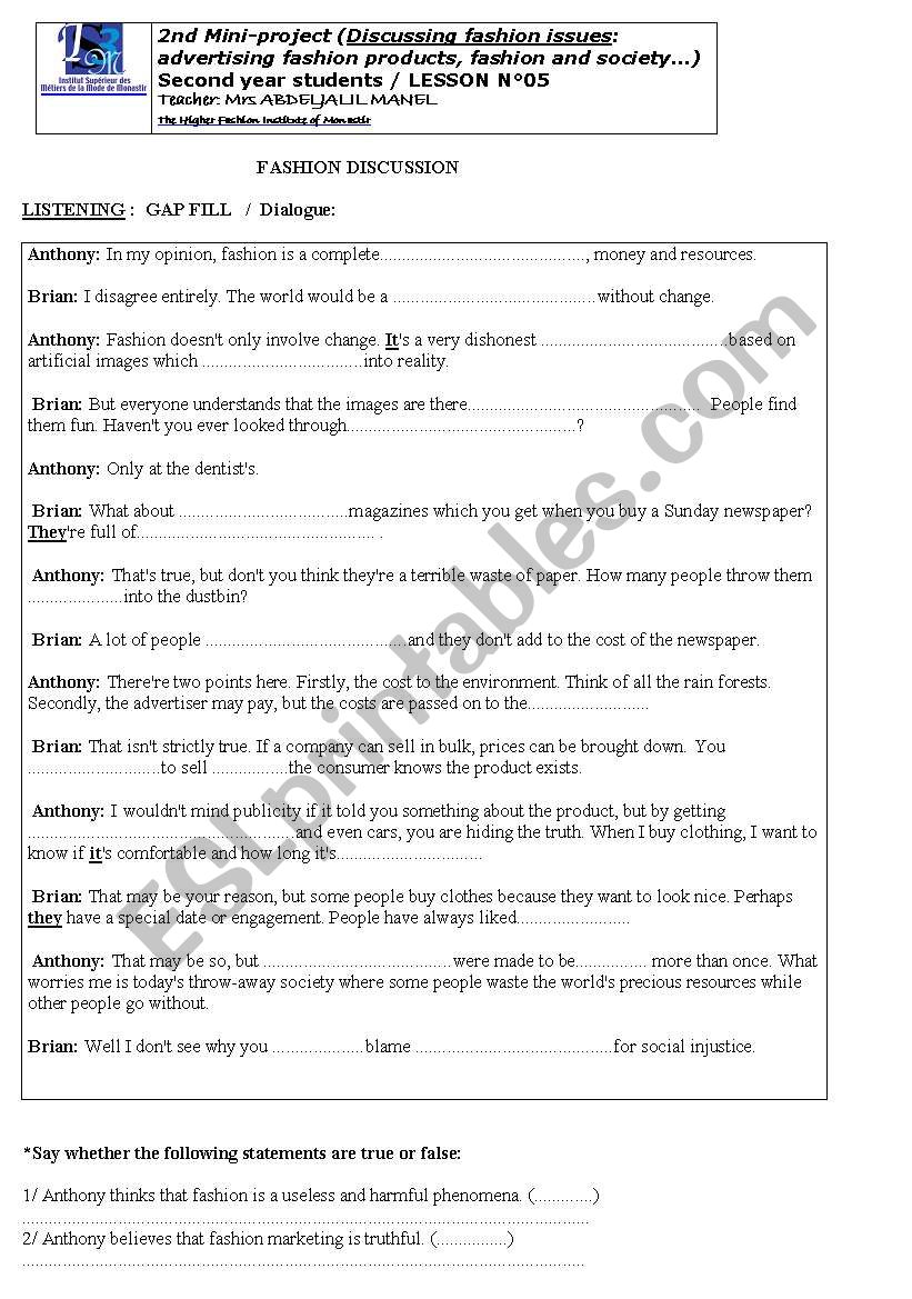 fashion discussion worksheet