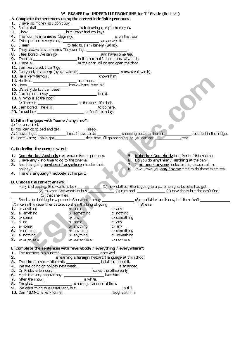 Indefinite Pronouns worksheet