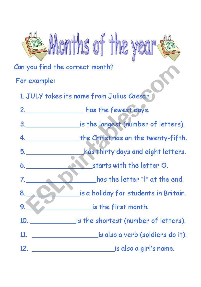 Months of the Year   worksheet
