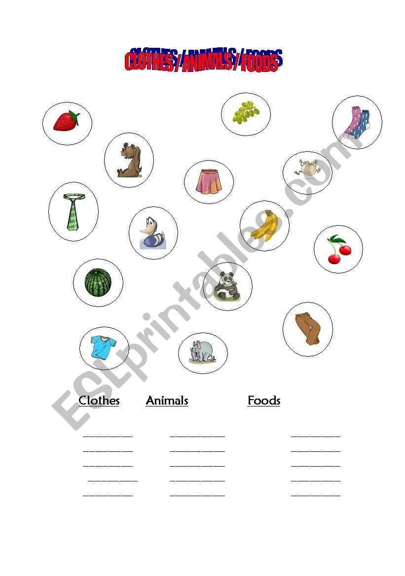 Clothes / Animals / Foods worksheet
