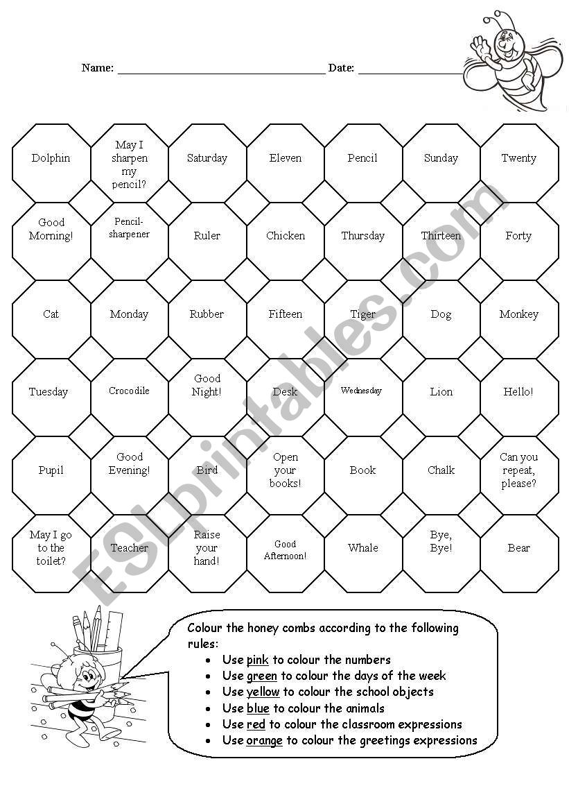 Colour the honey combs worksheet