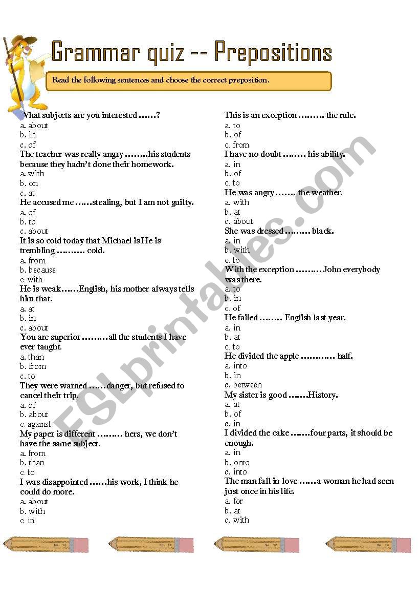 GRAMMAR QUIZ -- PREPOSITIONS worksheet