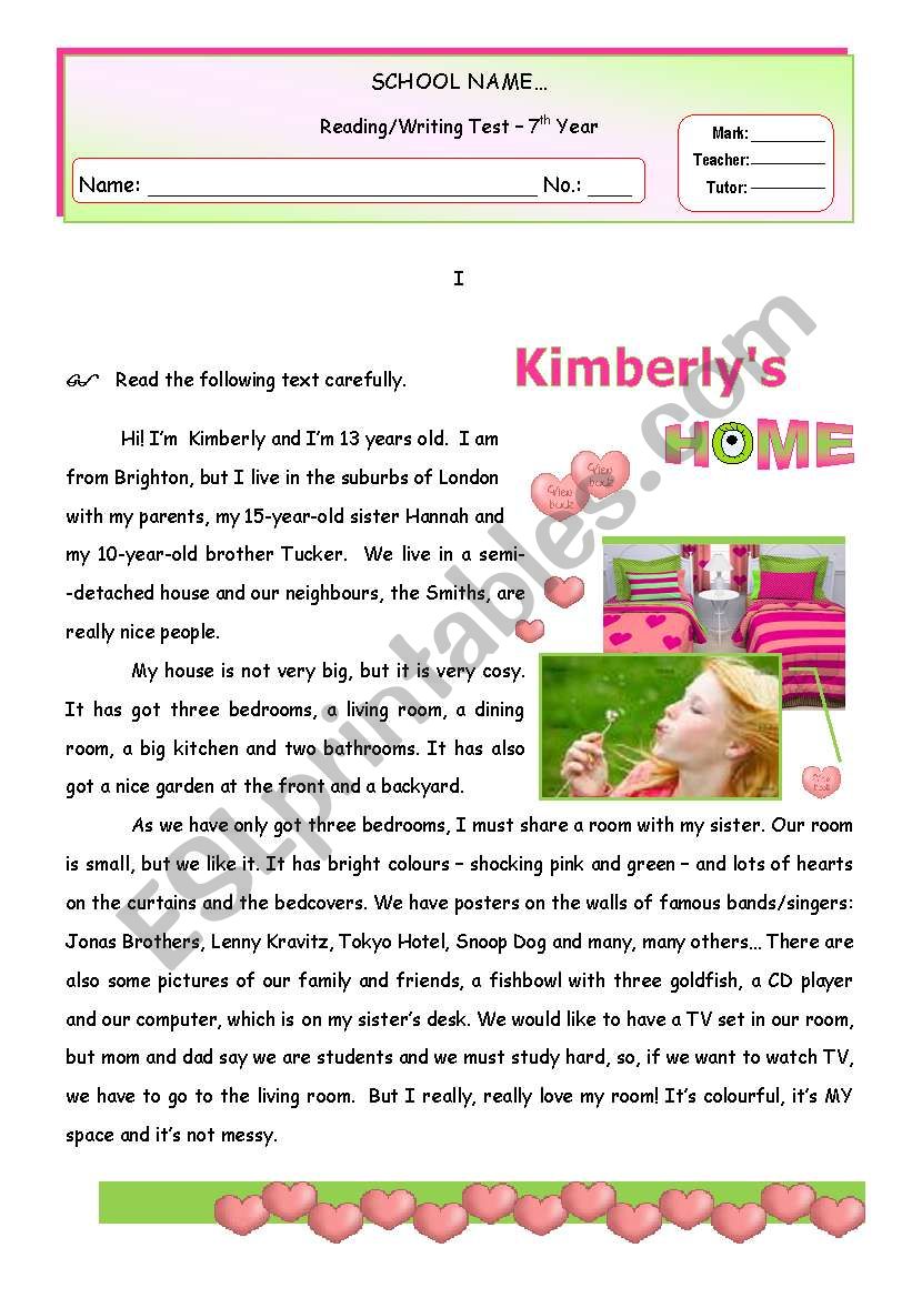 KIMBERLYS HOME - Reading/ Writing Test