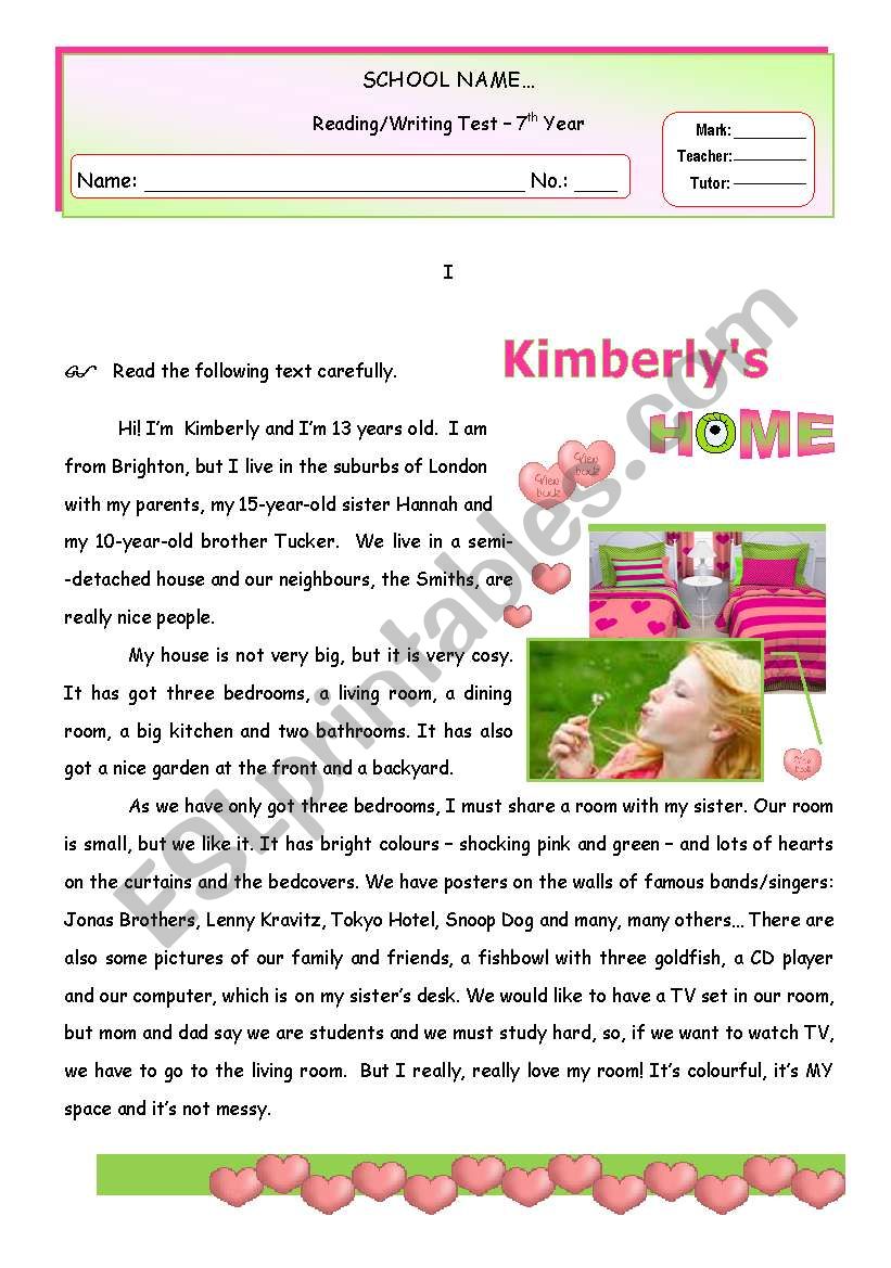 KIMBERLYÂ´S HOME - Reading/ Writing Test