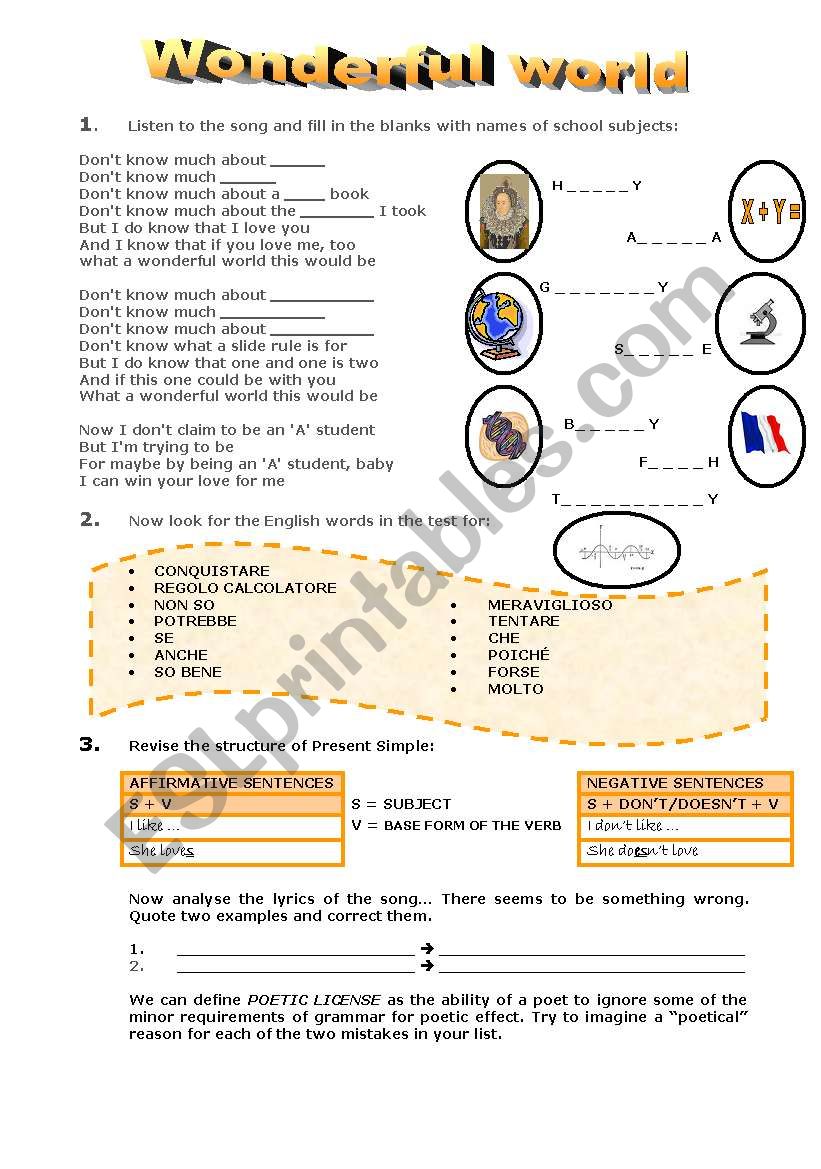 SONG - WONDERFUL WORLD worksheet