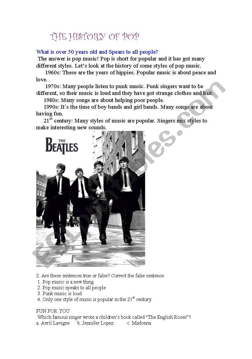 THE HISTORY OF POP worksheet
