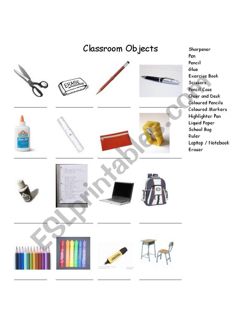 Classroom Obcects worksheet