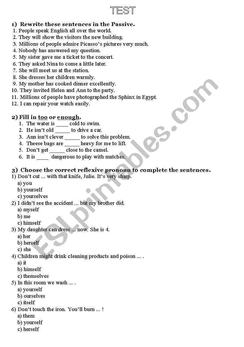 coplex grammar test worksheet