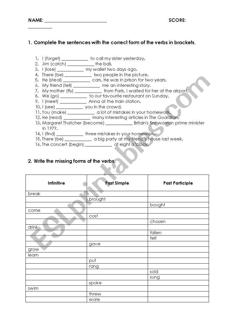 Irregular Verbs Test worksheet