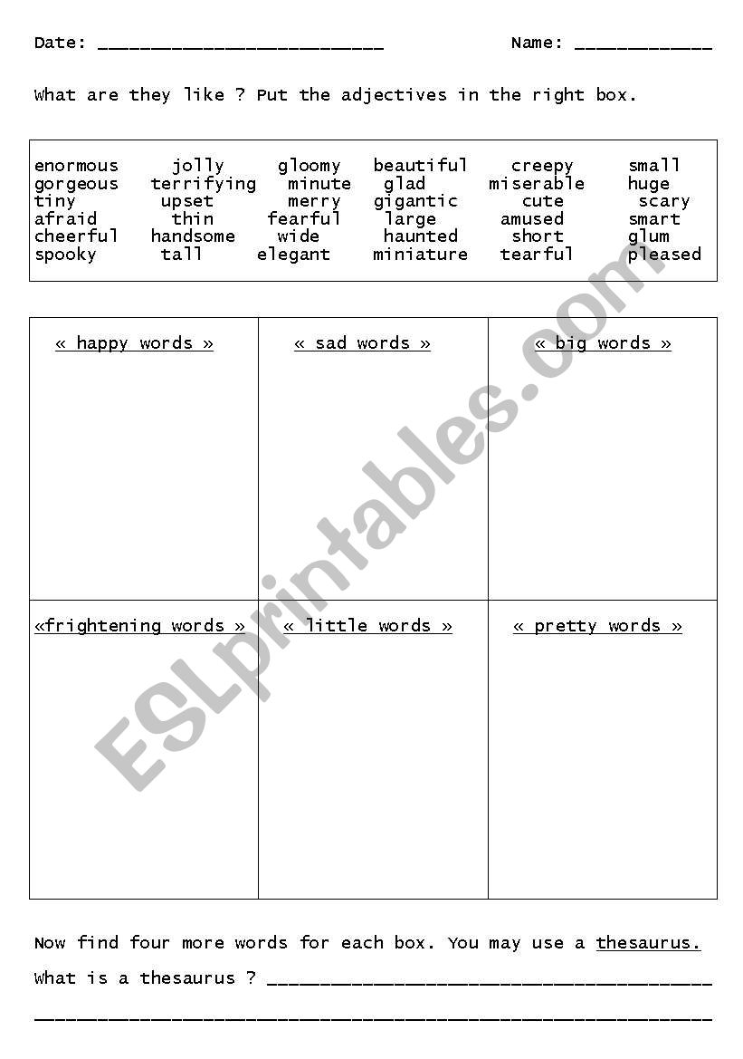 sorting adectives worksheet