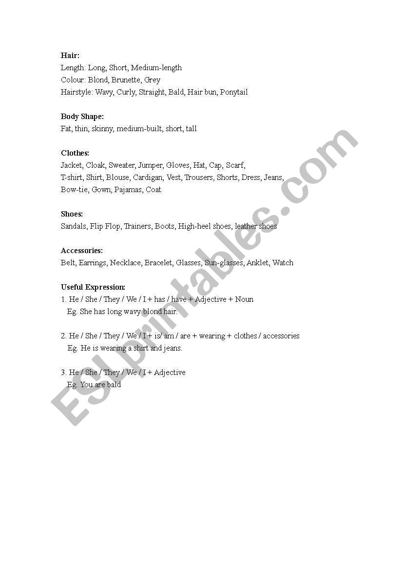 Physical Description (Describing People) Vocabularies