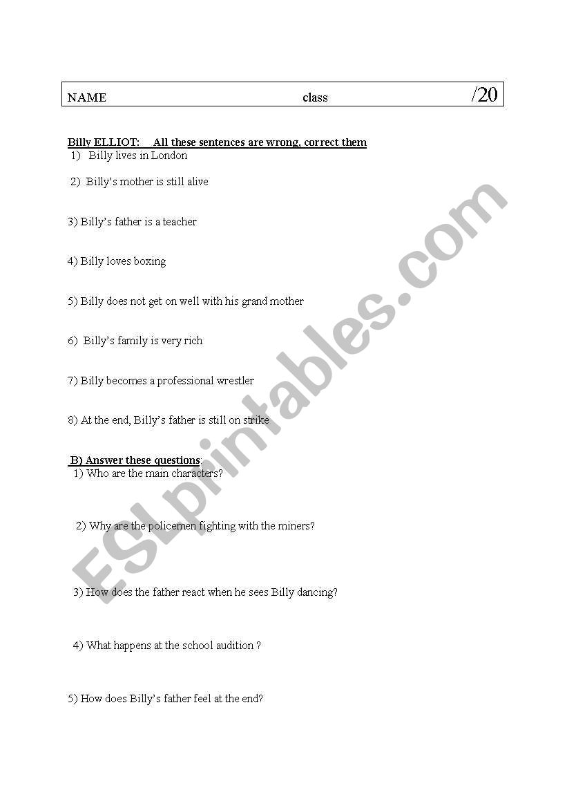 billy elliot test worksheet