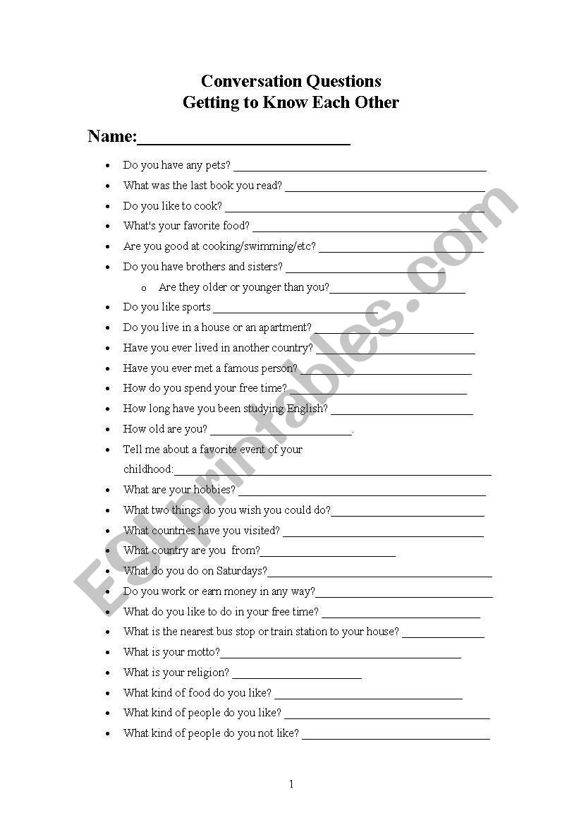 Getting to know you questions worksheet