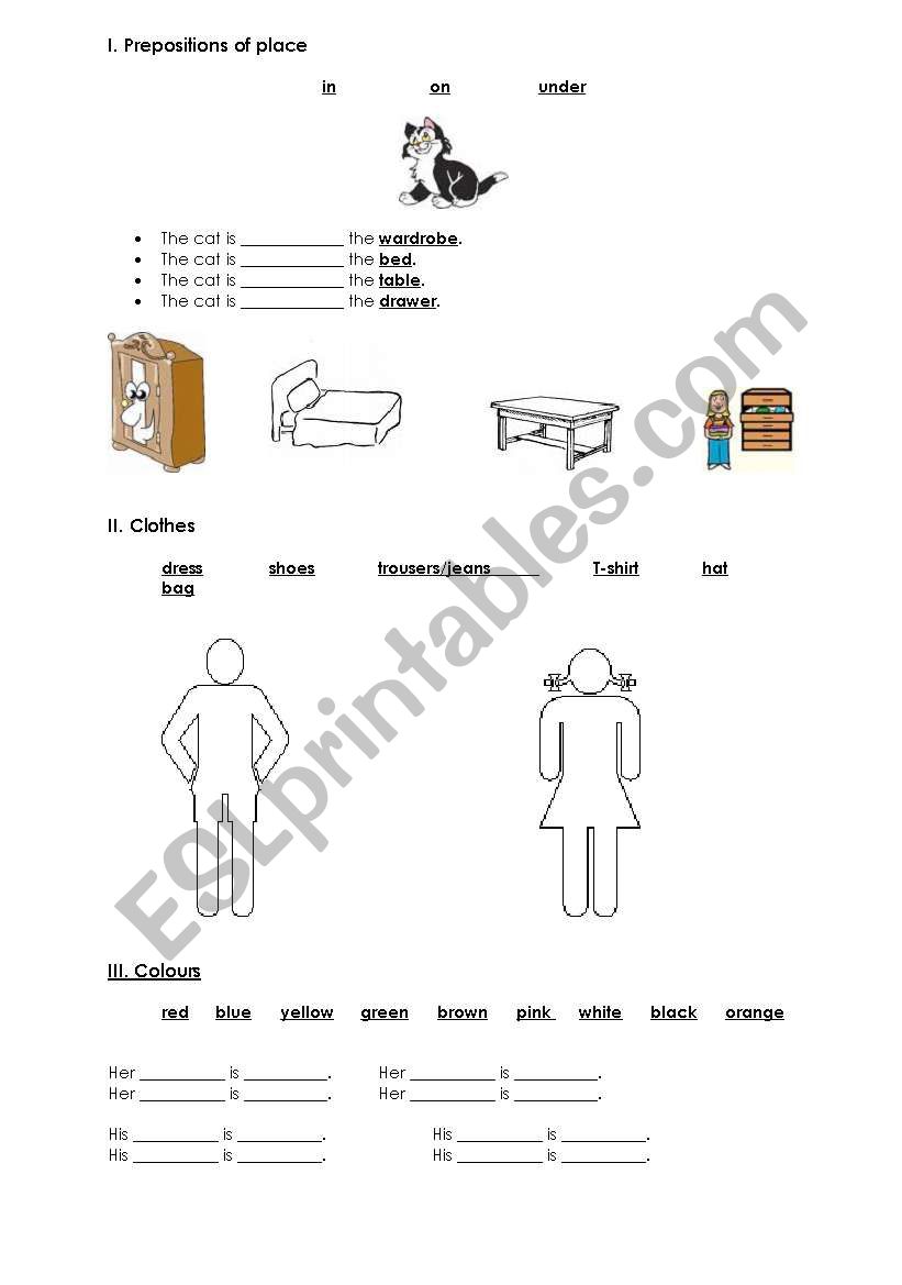 Basic vocabulary - prepositions of place, furniture, clothes, colours, rooms