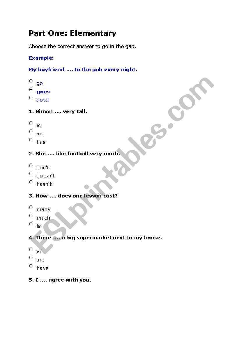 Test -part one worksheet