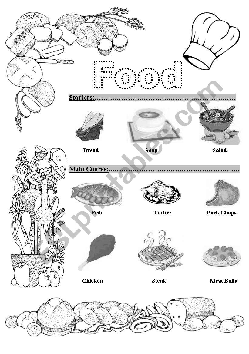 Food handout for the English portfolio (picture dictionary)