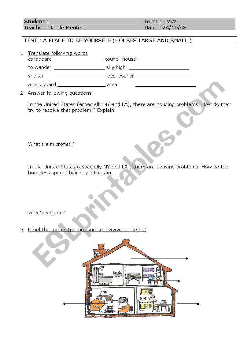 Test - Houses large and small worksheet
