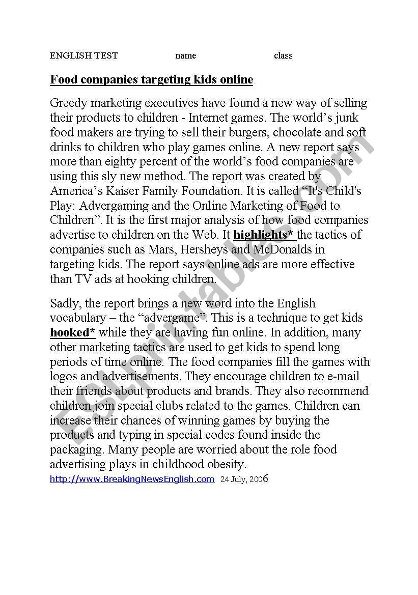 advertising kids worksheet