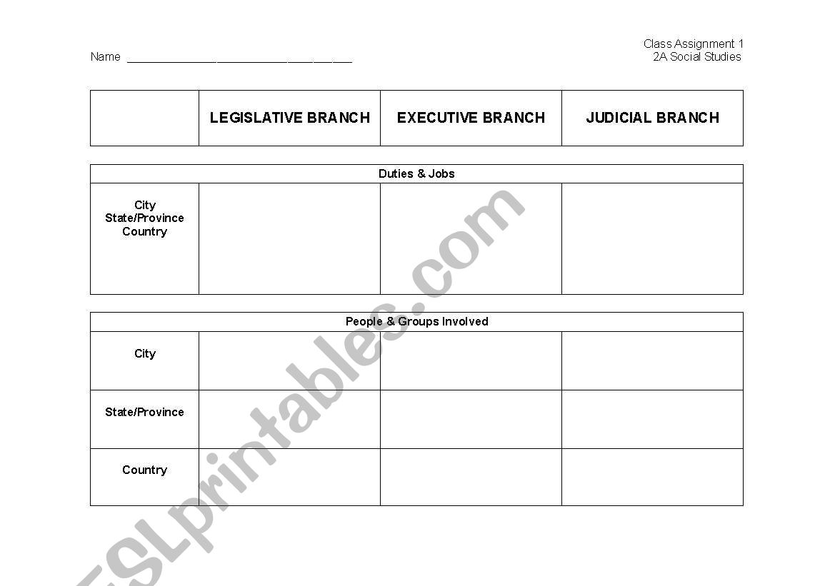 US Government & the Branches worksheet