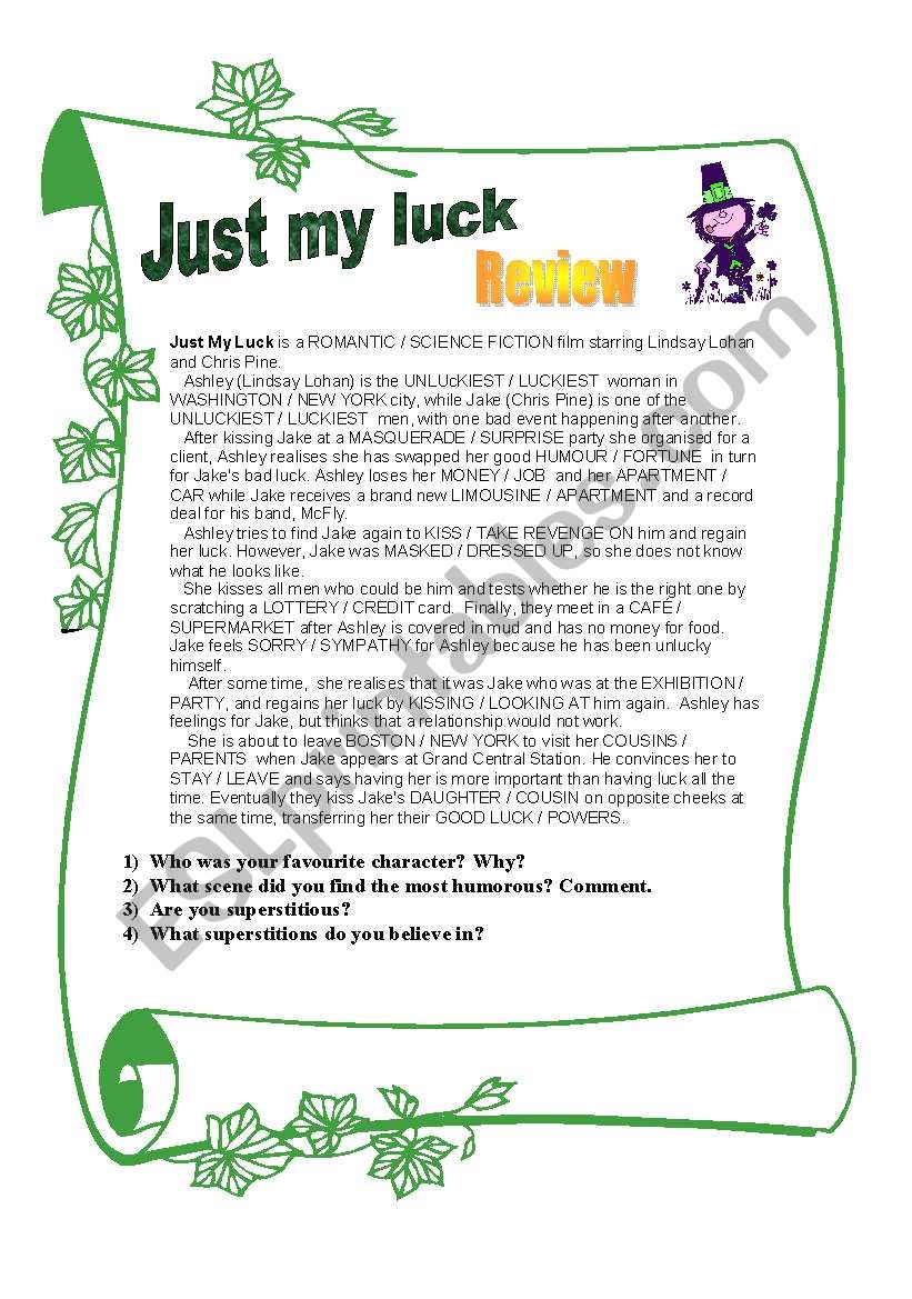 Just my luck (review) worksheet
