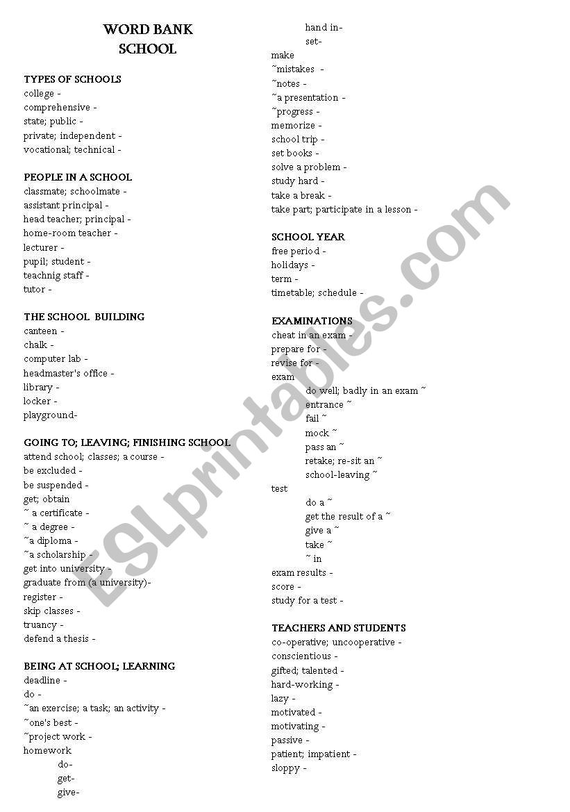 types of school worksheet