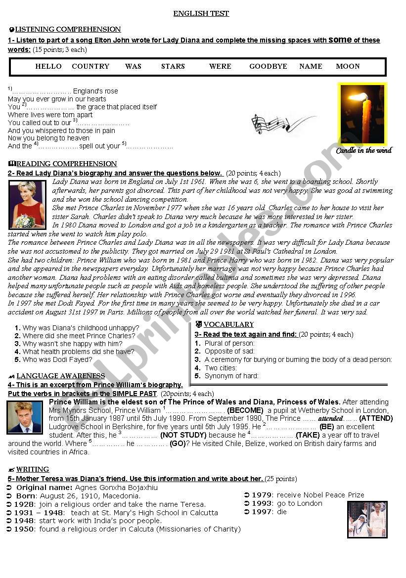 Lady Diana worksheet worksheet