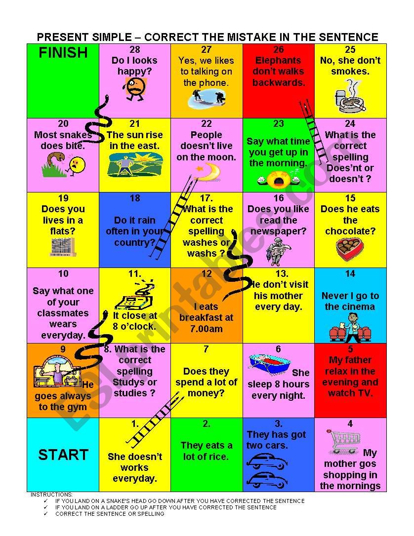 Present Simple Error Correction Game Board - ESL worksheet by puddyd