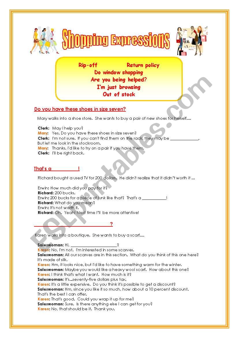 Shopping expressions worksheet