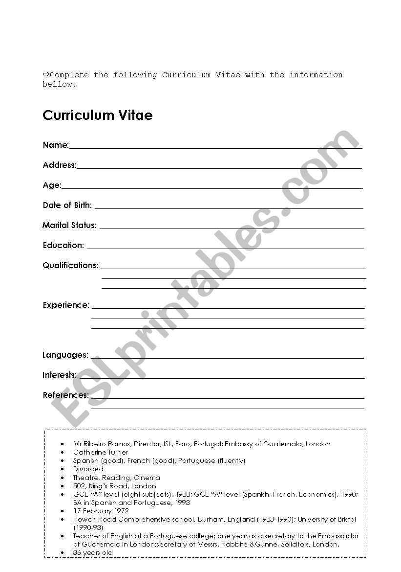 CV worksheet