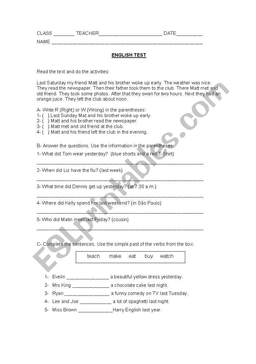 Simple Past (Test) worksheet