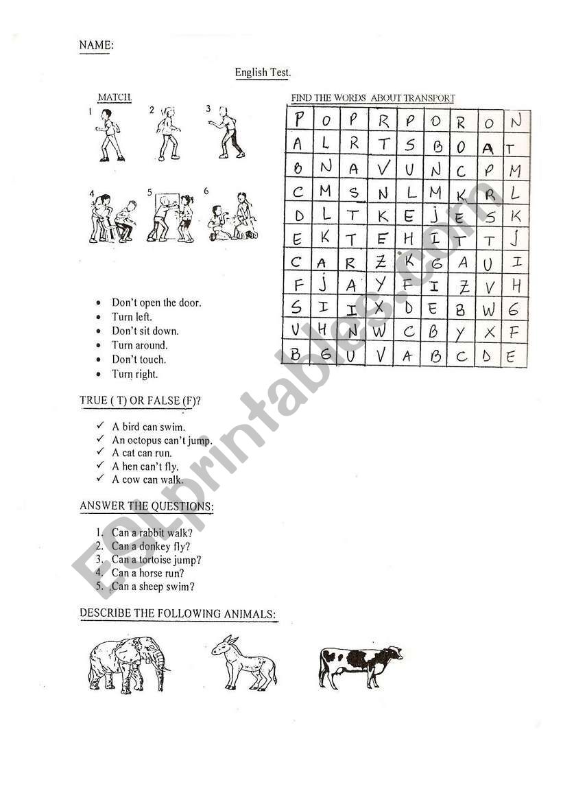 Test for elementary school worksheet