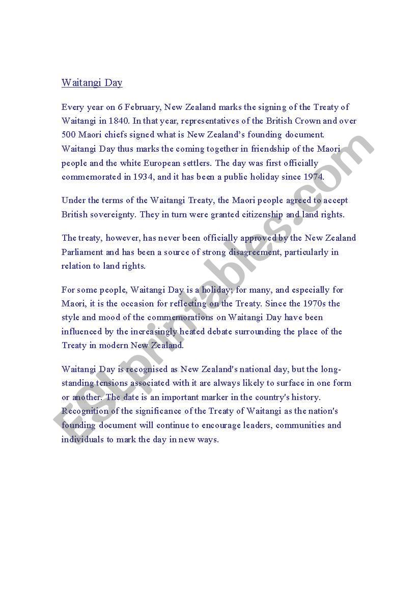 Waitangi Day worksheet